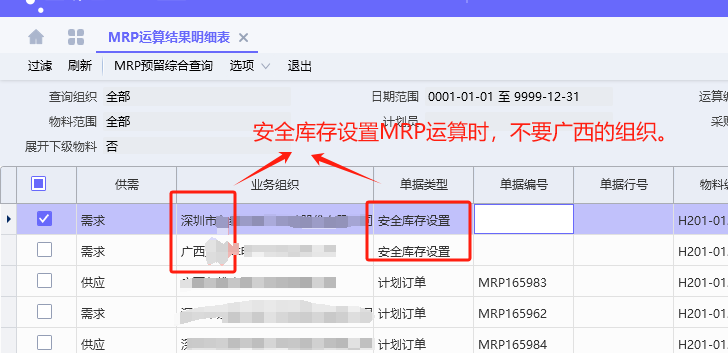 安全库存设置MRP运算时，不需要广西的组织-dgcity